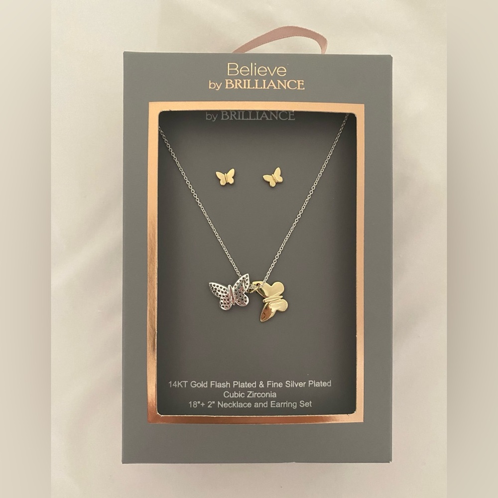 Women's 14k Gold & Silver Plated Butterfly CZ Necklace and Earring Set